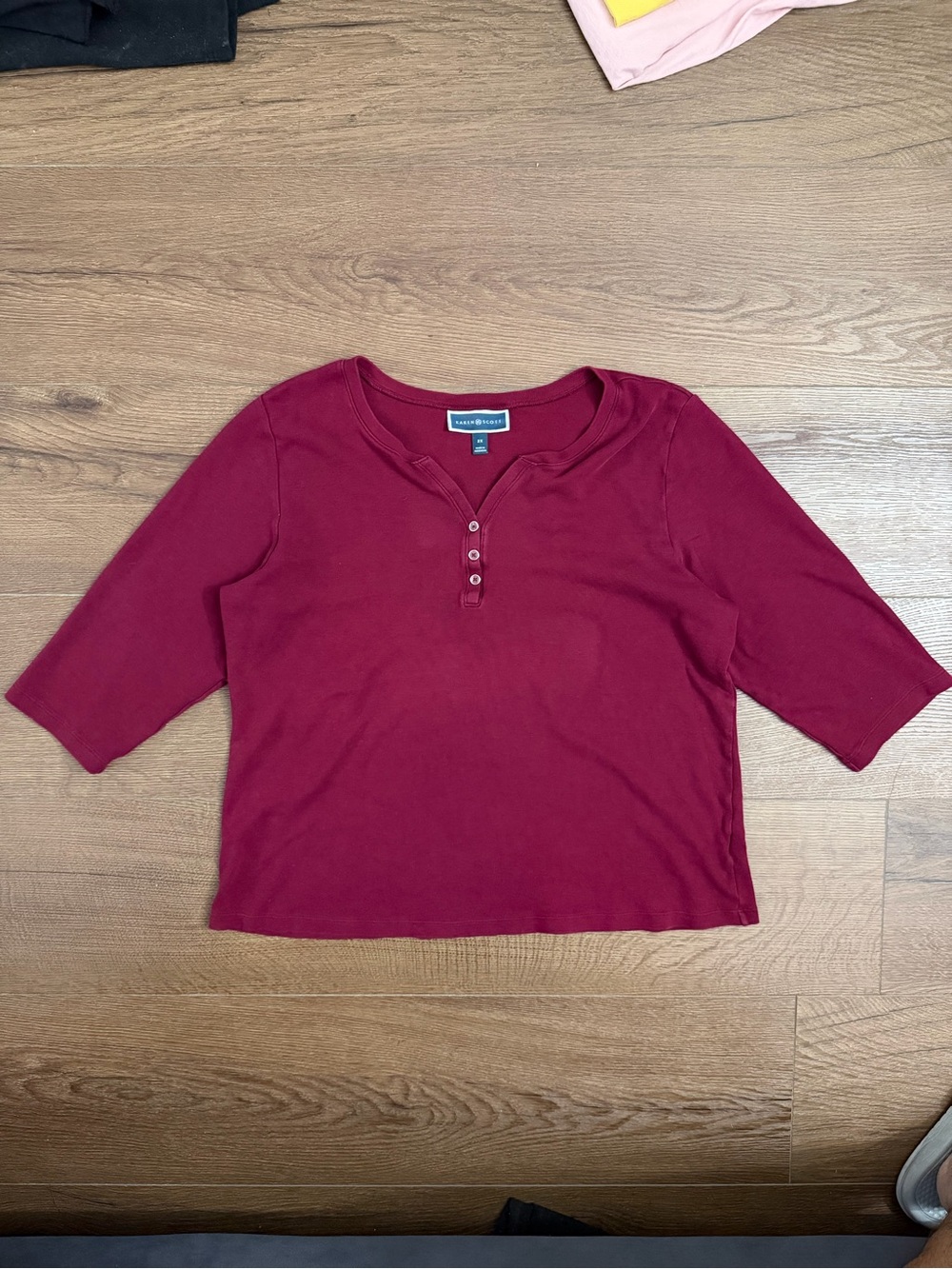 Karen Scott Burgundy Henley Three-Quarter Sleeve Top